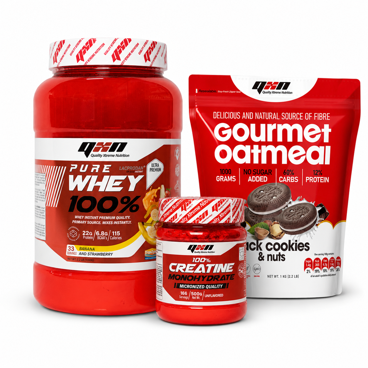Pack Volumen Limpio QXN | Whey 1 kg + Creatina 500 g + Avena 1 kg